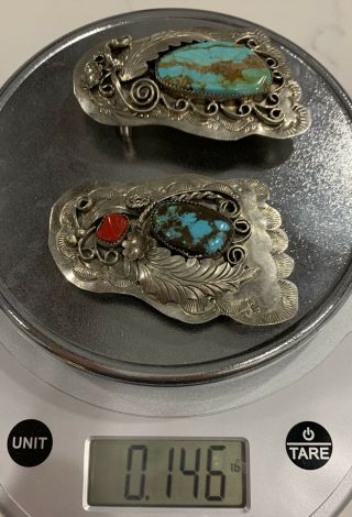2 Vintage Navajo Hand Stamped Sterling Silver & Turquoise Belt Buckles - Pair