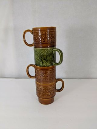 Set Of 4 Vintage Retro Stackable Green/brown Coffee Cups Made In Japan