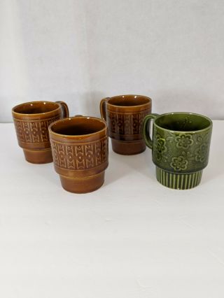 Set Of 4 Vintage Retro Stackable green/brown Coffee Cups Made in Japan 2