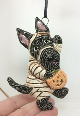 Halloween Scottie Terrier Mummy Costume Ornament Ooak Sculpture Painting Art