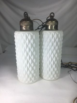2 Vtg Hanging Lamps Swag Lights White Frost Glass Flames Mid Century Retro