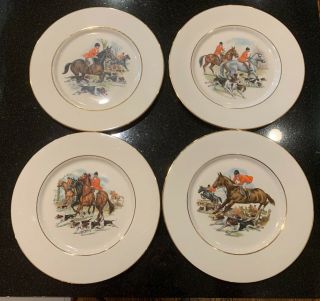 4 Equestrian Porcelain 10 1/2” Plates United States Ceramic Co Fox Hunt Horse