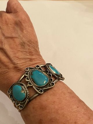 Vintage Old Pawn Navajo Turquoise Sterling Silver Cuff Bracelet 37.  2 Grams