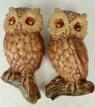 Vintage Plaster Chalkware Owl On Log Wall Hangings Jewelled Eyes - 11 "