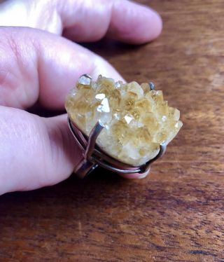 Vintage Geode Citrine Crystal 925 Sterling Silver Huge Modernist Ring Size 6