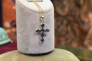 Vintage Retro 14k Yellow Gold Blue Glass Cross Pendant Chain Necklace 18 "