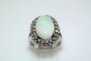 Vintage Large Opal & Diamond Sterling Silver Cocktail Ring Sz 8