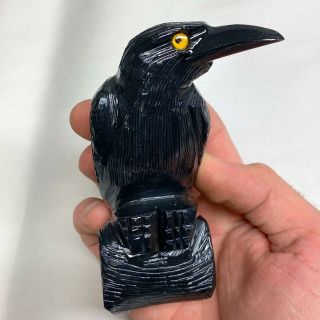 4.  5 " Carved Black Onyx Raven Statue Crow Carving Bird Sculpture Totem