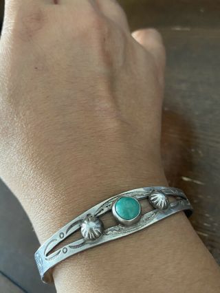 Vintage Fred Harvey Coin Silver Bright Turquoise Bracelet Very Fine Silver Work 2