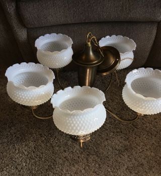 Vintage 5 Arm Brushed Brass Ceiling Light / Chandelier Milk Glass Hobnail Globes