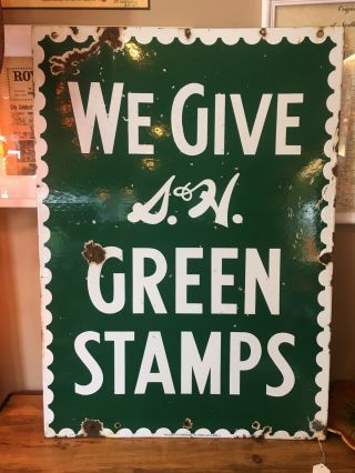 Vintage Enamel Double Sided Sign We Give S&h Green Stamps 28x20 -