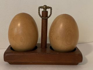 Vintage Wooden Egg Salt And Pepper Shakers With Carrier