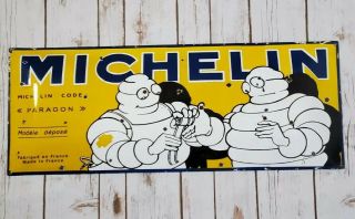 Vintage " Michelin Man Paragon " Porcelain Sign 27” Bibendum Tires Tyre Shop Sign