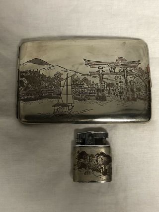 Vintage Japanese Sterling Silver Cigarette Case And Lighter