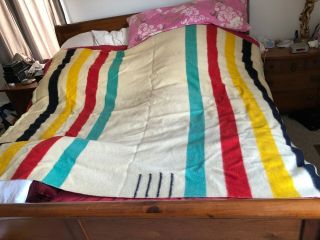 Vintage Hudson Bay Wool Blanket Ivory/candy Striped 4 Point Stripes Pre - Owned