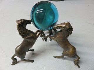 Vintage 3 Rearing Brass Horses With Crystal Ball Pedestal Stand