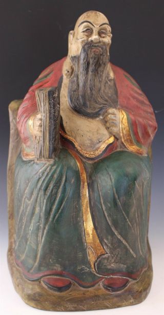 Vintage Chinese Export Carved Wood Seated Wise Man Figural Sculpture