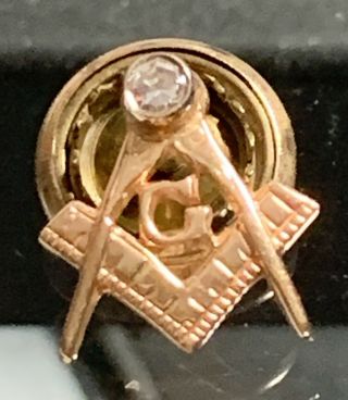 Vintage 14k Gold & Diamond Masonic Freemason Screw Back Lapel Pin