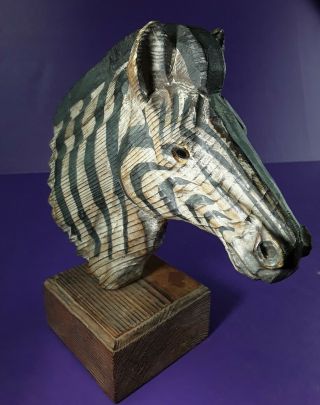 Vintage Wooden Zebra Head Figure Hand Carved And Painted (8 " Long X 9 - 1/2 " Tall)