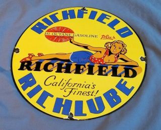 Vintage Richfield Gasoline Porcelain Gas Service Pin Up Girl Pump Plate Sign