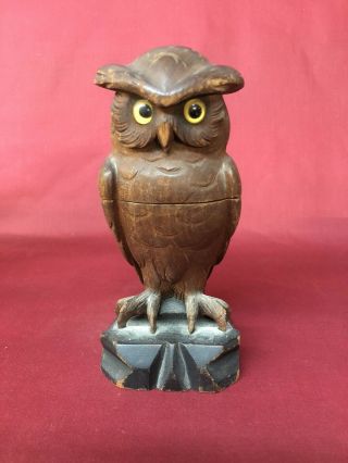 Antique Victorian Owl Figure Figural Inkwell Ink Well Container W/ Glass Eyes