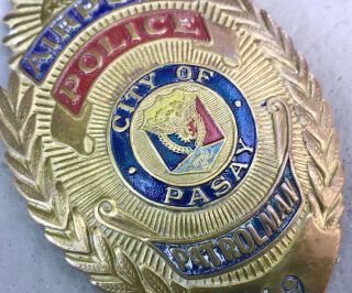 Obsolete 1940s Police Badge Airport Patrolman City Of Pasay Philippines 3.  75” T