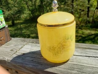 Vintage Lemon Yellow Floral Alabaster Jar With Lid Goldtone Trim