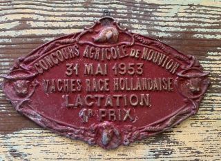 Vintage French 1953 Red Oval Metal Competition Award Plaque For Lactating Cows