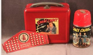 Vintage 1952 Aladdin Tom Corbett Space Cadet Red Metal Lunch Box & Thermos
