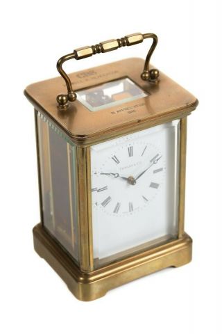 Vintage Tiffany & Co.  Swiss Made Brass / Quartz Desk Carriage Clock Mantle