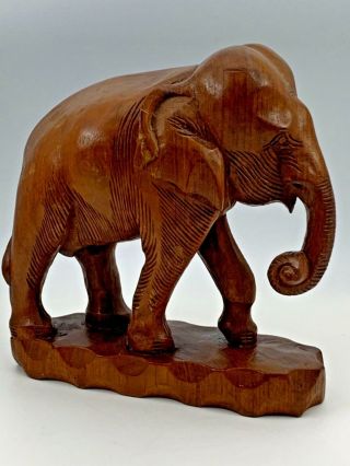 Vintage Large Hand Carved Solid Wood Elephant Statue Figure On Base 10”