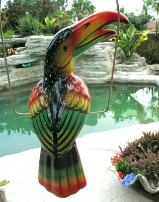 Mexican Folk Art Pottery Ceramic Bird Toucan Parrot Metal Ring Perch 17 "