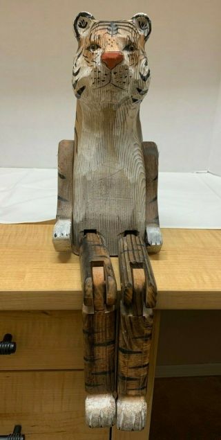 Vtg Hand Carved Wooden Tiger Shelf Sitter Articulated Joints Folk Art 22 " Long