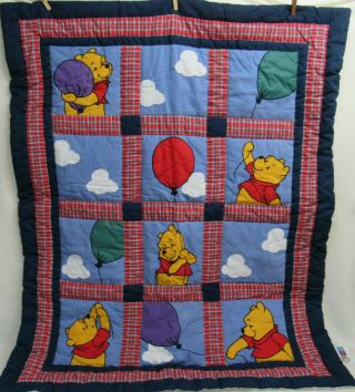 Vtg Winnie The Pooh Baby Blanket Quilt Comforter Balloons Plaid