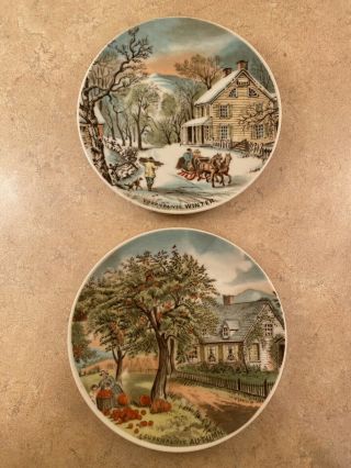 2 Currier And Ives Four Seasons Vintage Decorative Plates 4.  5 Inches