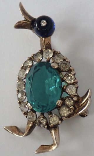 Vintage Trifari Sterling Silver Faux Sapphire Emerald Rhinestone Duck Bird Pin