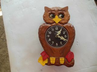 Vintage Japanese Mi - Ken Miken Wood Owl Moving Eye Animated Novelty Clock