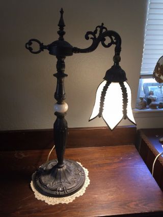 Vintage Bridge Arm Table Lamp Featuring Antique White Slag Glass Tulip Shade