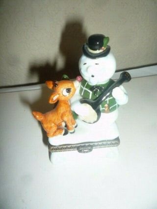 1999 Sam The Snowman With Rudolph Porcelain Hinged Box Midwest Of Cannon Falls