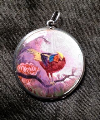 Gorgeous Antique French Guilloche Enamel Solid Silver Locket Pheasant Game Bird