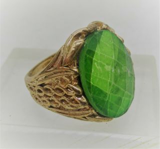 Vintage Post Medieval Gilded Bronze Ring With Faceted Glass Insert