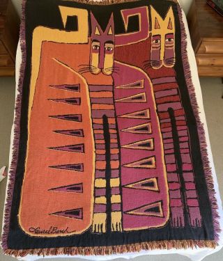 Rare Laurel Burch Cat Tapestry Throw Afghan Blanket Fringe Multi Color 46 " X 70 "