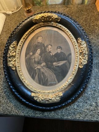 Antique Portrait Lithograph Abraham Lincoln Family Vintage In Oval Picture Frame