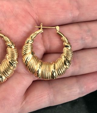 Vintage 14K Gold EARRINGS Diamond cut HOOPS Marked & EXC not scrap 3