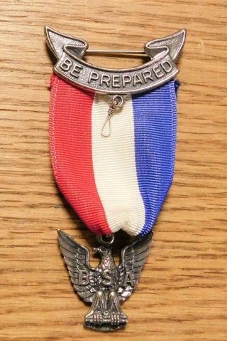Vintage Sterling Silver Eagle Scout Pin Ribbon,  Medal,  Be Prepared Bsa