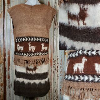 Vintage Natural Alpaca Skirt & Top Hand Woven Soft Fuzzy Folk Art Chunky Medium