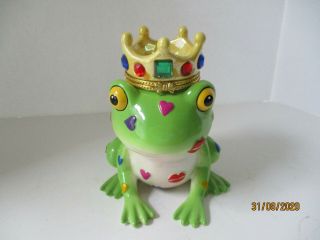 Frog Prince Trinket Box By Fanciful Frogs,  Gold Crown With Crystals