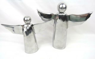 Set Of 2 Angel With Wings Silver Metal Ornament Figurine Statue 8.  5 " And 6.  75 " T