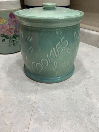 Vintage Red Wing Pottery Green Cattail Cookie Jar
