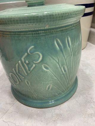 Vintage Red Wing Pottery Green Cattail Cookie Jar 2